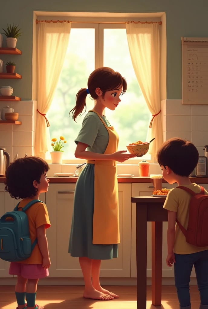 A mother preparing breakfast and calling her children to go to school