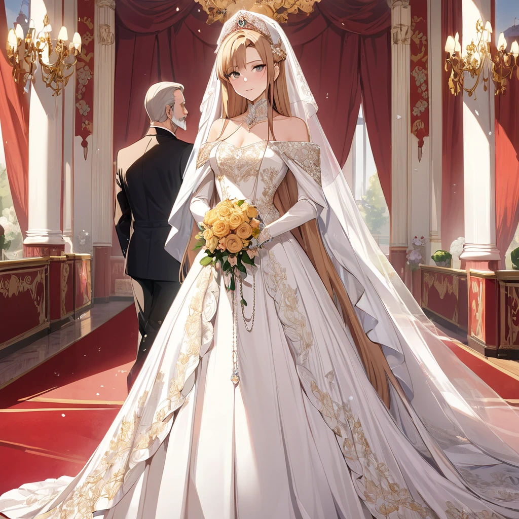 ((Highest quality)), ((masterpiece)), (detailed), （Perfect Face）、The woman is Yuuki Asuna, a Russian with light brown, medium-long hair, an elegant, graceful and beautiful Russian noblewoman, and the Empress of the Great Russian Empire.、The woman is beautifully dressed in a gorgeous Russian court dress, mainly in a glittering gold wedding dress, a wedding veil, and luxurious accessories, and is wearing a beautiful and luxurious kokoshnik.、The woman is standing next to a great, dignified, bearded old Russian emperor at a grand wedding.、The woman is married to the great Russian emperor, walking side by side down the red carpet aisle at a lavish palace.、The woman is close to the great old Russian Tsar and is deeply in love with the elderly Tsar and his young and beautiful Empress.