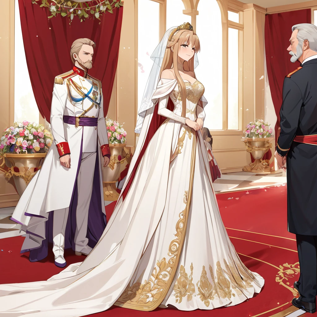 ((Highest quality)), ((masterpiece)), (detailed), （Perfect Face）、The woman is Yuuki Asuna, a Russian with light brown, medium-long hair, an elegant, graceful and beautiful Russian noblewoman, and the Empress of the Great Russian Empire.、The woman is beautifully dressed in a gorgeous Russian court dress, mainly in a glittering gold wedding dress, a wedding veil, and luxurious accessories, and is wearing a beautiful and luxurious kokoshnik.、The woman is standing next to a great, dignified, bearded old Russian emperor at a grand wedding.、The woman is married to the great Russian emperor, walking side by side down the red carpet aisle at a lavish palace.、The woman is close to the great old Russian Tsar and is deeply in love with the elderly Tsar and his young and beautiful Empress.