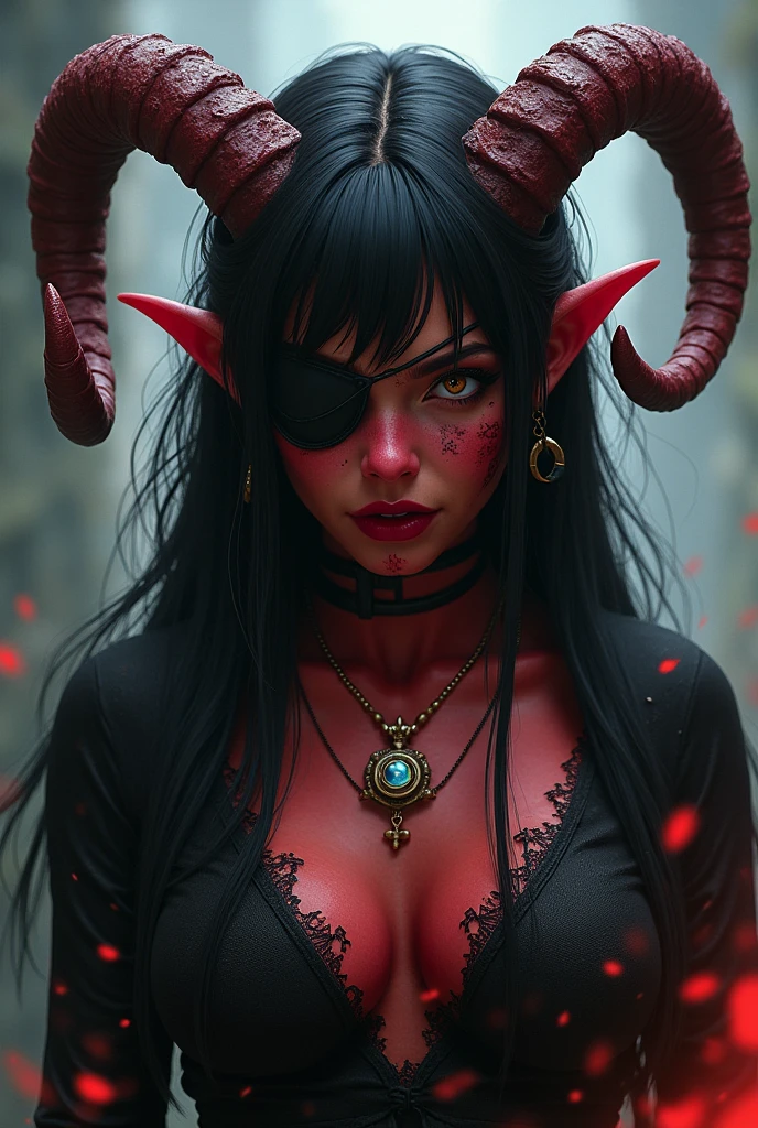 ((Mediovale)), uma mulher Tiefling, reddish skin, magician, ram horns, broken left horn, Bblack hair, hypdertailed, scraping both sides, two braids on each side of the bangs, white eyes without scruff, eye patch on the left side, scar under the eye patch, scar on the lips on the right side, 