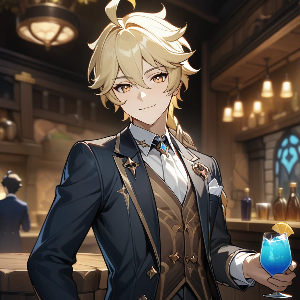 aether, aether from genshin impact, 1boy, bartender in a stylish pose, holding glass, blonde, gold eyes, cute face, black suit, blue drink, simple formal suit, gold waistcoat, tavern background, side view, close up, decorative, masterpiece, high quality, hd, 4k, upper body, smiling, 