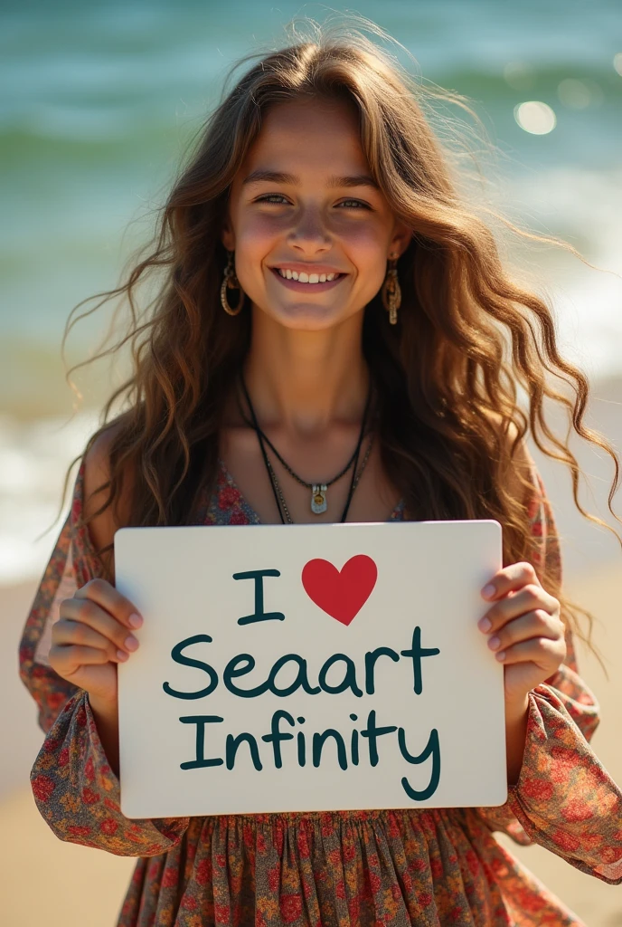Beautiful girl with wavy long hair, bohemian dress, holding a white board with text "I Love Seaart Infinity" and showing it to the viewer