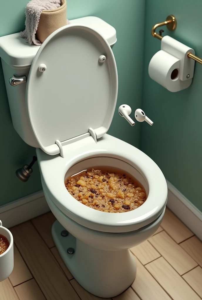 Only left side airbud peice is fallen into a toilet bowl in which there is much poop in solid shape and a cup of tea is lying on toilet side
