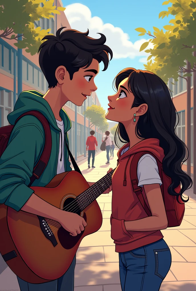 Boy playing guitar for girlfriend at school style spiderman in the spider-verse