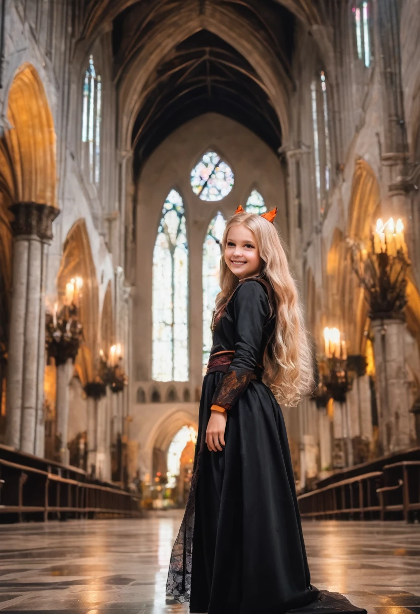 A high quality realistic image of a slim and very beautiful girl., (10 years:1.5), (wearing a cute witch costume with loincloth:1.3), in a cathedral. very long blonde wavy hair., detailed attractive face, cute happy smile