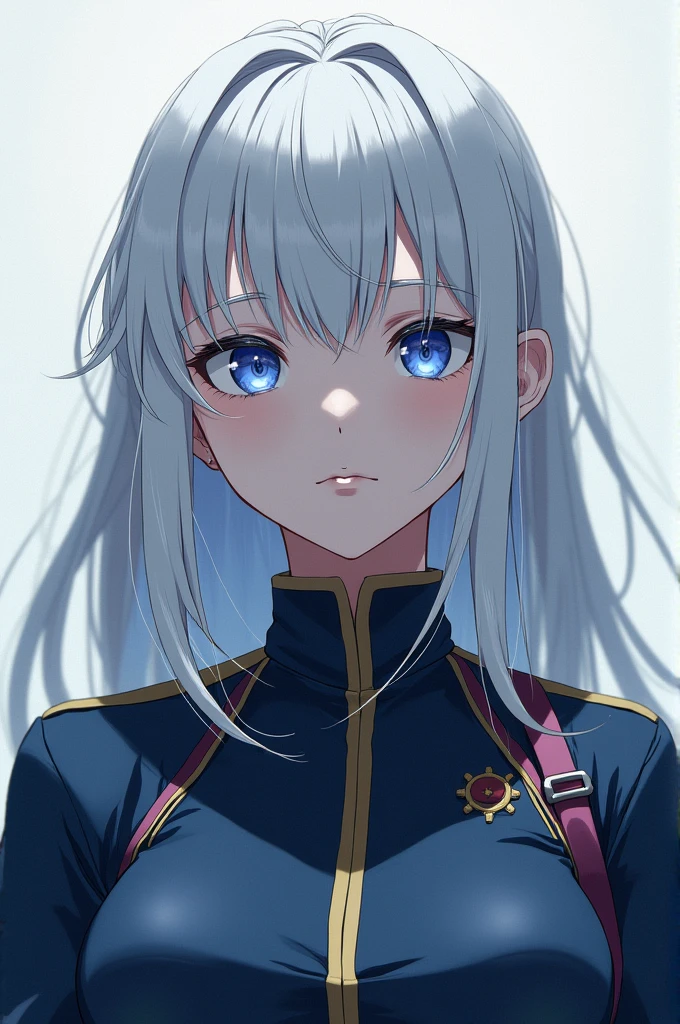 Beautiful woman with white hair, blue eyes and expressionless face and wearing the uniform of the anime Boku no hero