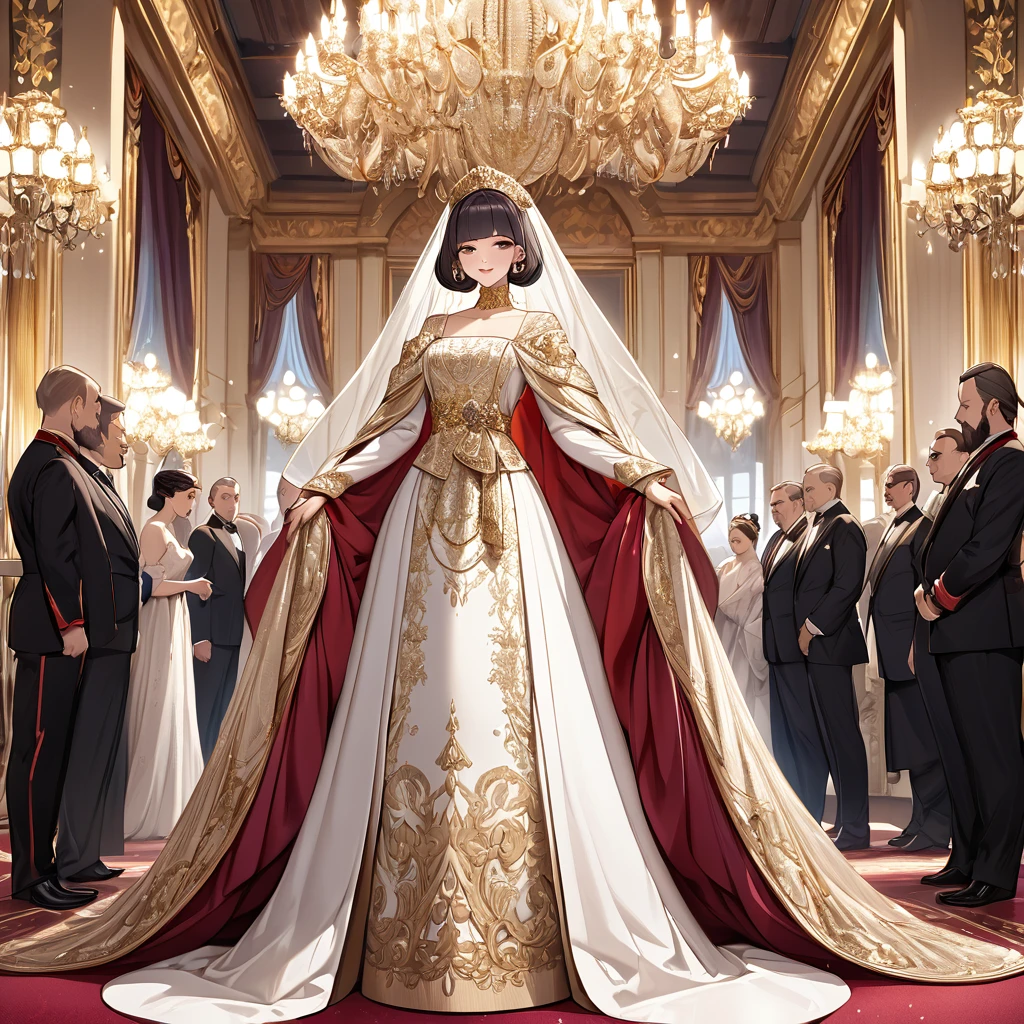 ((Highest quality)), ((masterpiece)), (detailed), （Perfect Face）、The woman is Shinobu Kocho, a Russian with black hair with purple gradient ends, tied in a bob hairstyle, an elegant, graceful and beautiful Russian noblewoman, and the Empress of the Great Russian Empire.、The woman is beautifully dressed in a gorgeous, glittering gold wedding dress and wedding veil of the ancient Russian court dress worn by an ancient Russian empress, as well as luxurious accessories and a kokoshnik.、The woman is standing next to a great, dignified, bearded old Russian emperor at a grand wedding.、The woman is married to the great Russian emperor, walking side by side down the red carpet aisle at a lavish palace.、The woman is close to the great old Russian Tsar and is deeply in love with the elderly Tsar and his young and beautiful Empress.