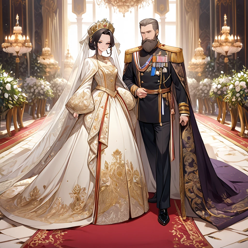 ((Highest quality)), ((masterpiece)), (detailed), （Perfect Face）、The woman is Shinobu Kocho, a Russian with black hair with purple gradient ends, tied in a bob hairstyle, an elegant, graceful and beautiful Russian noblewoman, and the Empress of the Great Russian Empire.、The woman is beautifully dressed in a gorgeous, glittering gold wedding dress and wedding veil of the ancient Russian court dress worn by an ancient Russian empress, as well as luxurious accessories and a kokoshnik.、The woman is standing next to a great, dignified, bearded old Russian emperor at a grand wedding.、The woman is married to the great Russian emperor, walking side by side down the red carpet aisle at a lavish palace.、The woman is close to the great old Russian Tsar and is deeply in love with the elderly Tsar and his young and beautiful Empress.