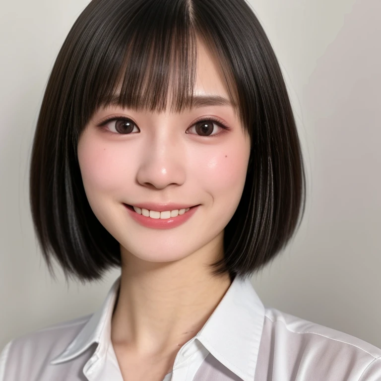 (kawaii 18 year-old Japanese girl, Nogizaka idol, Korean idol, highschool student), healthy female athlete body, (glossy black hair, short hair, pixie cut, bangs:1.3), (rounded face, pure black eyes, single eyelid, no makeup, splashing best smile:1.2), (collared white shirt unbuttoned:1.3), creavage, extra small breasts, plaid skirt, BREAK, (plain white background:1.3), (dynamic angle, bust shot:1.2), BREAK, (masterpiece, best quality, photo realistic, official art:1.4), (UHD, 8K quality wallpaper, high resolution, raw photo, golden ratio:1.3), (shiny skin), professional lighting, physically based rendering, award winning, (highly detailed skin, extremely detailed face and eyes), Carl Zeiss 85 mm F/1.4, depth of field, 1girl, solo,