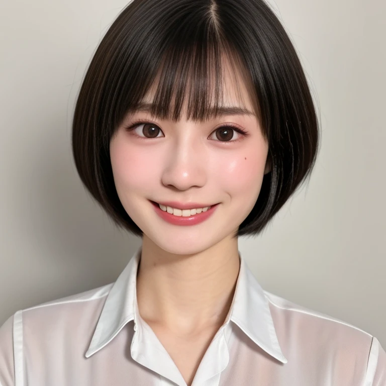 (kawaii 18 year-old Japanese girl, Nogizaka idol, Korean idol, highschool student), healthy female athlete body, (glossy black hair, short hair, pixie cut, bangs:1.3), (rounded face, pure black eyes, single eyelid, no makeup, splashing best smile:1.2), (collared white shirt unbuttoned:1.3), creavage, extra small breasts, plaid skirt, BREAK, (plain white background:1.3), (dynamic angle, bust shot:1.2),  BREAK, (masterpiece, best quality, photo realistic, official art:1.4), (UHD, 8K quality wallpaper, high resolution, raw photo, golden ratio:1.3), (shiny skin), professional lighting, physically based rendering, award winning, (highly detailed skin, extremely detailed face and eyes), Carl Zeiss 85 mm F/1.4, depth of field, 1girl, solo,