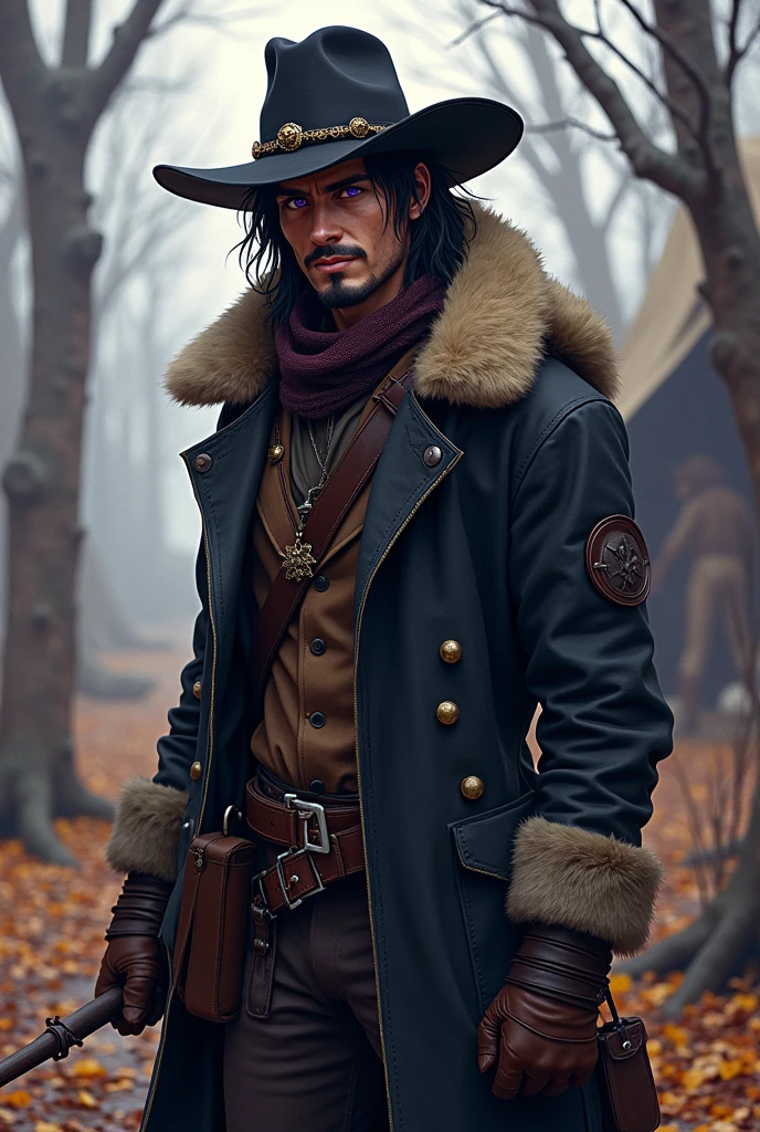 (masterpiece, best quality), aesthetic illustration, stylized digital art, abstract and colorful paint style, (1man, thin adult male:1.2), purple eyes, black hair, fade with goatee,
solo, (full body:0.6), looking at viewer, detailed background, detailed face, (frontier western theme:1.1), trapper, trapmaker, smirk, dark fur lined leather clothing, belt, coat, gloves, rugged, trappers hat, scarf, walking, snare, net, pelts, hides, campsite background, fallen leaves, fantasy frontier cinematic atmosphere,