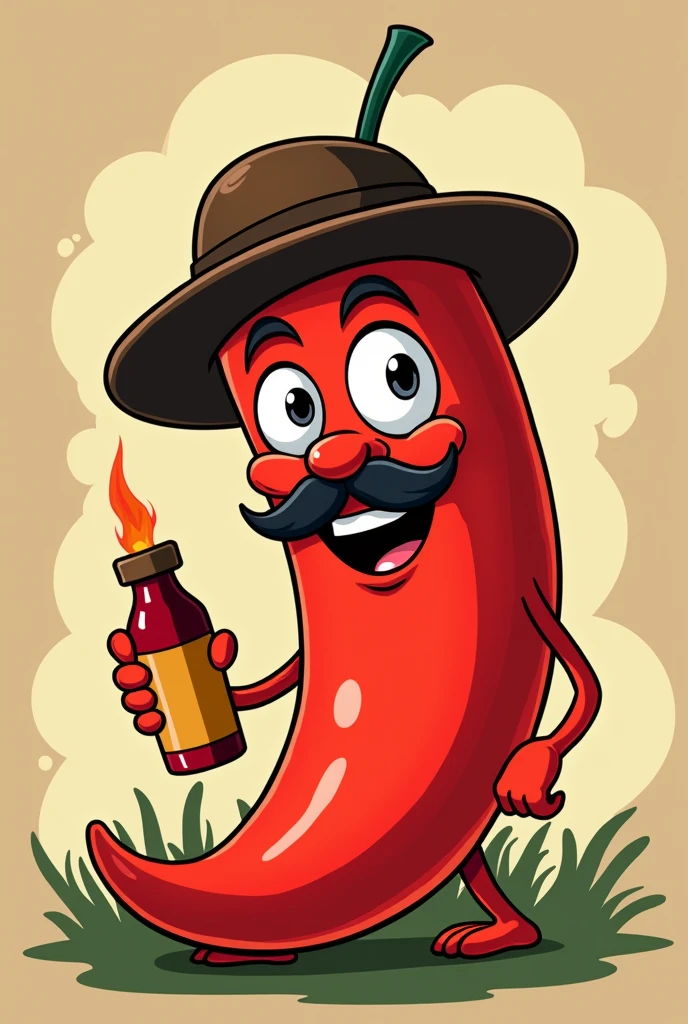 Anime style poster of an angry red chili pepper wearing a hat, Cowboy boots, With bulging eyes; that has hands and is holding a bottle, with a legend above that says "spicy sauce from the garden"