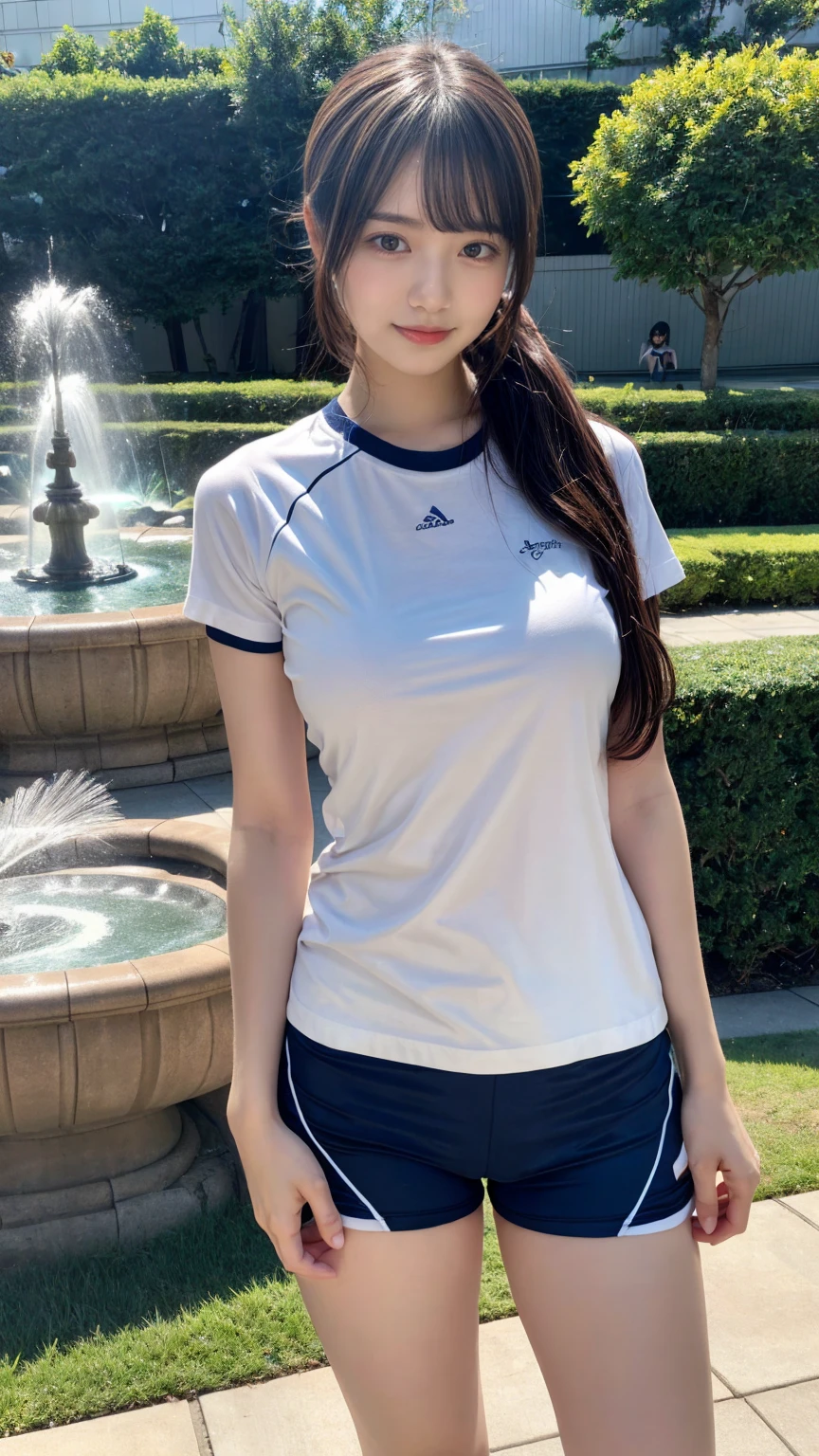masterpiece, best quality, illustration, Super detailed, fine details, High resolution, 8K,wall paper, perfect dynamic composition,(Details High quality, realistic depiction of eyes:1.3), (short sleeve white t-shirt, navy short pants, gym clothes), middle hair, ponytail, sideburns, black hair color, Big Natural Color Lip, Large swollen breast, perfect body shape, crying a little、little smile、 Harajuku style、20 year old girl、cute type、lolita, hposing Gravure Idol, full body photo、focus on crotch, (park:1.2, fountain)