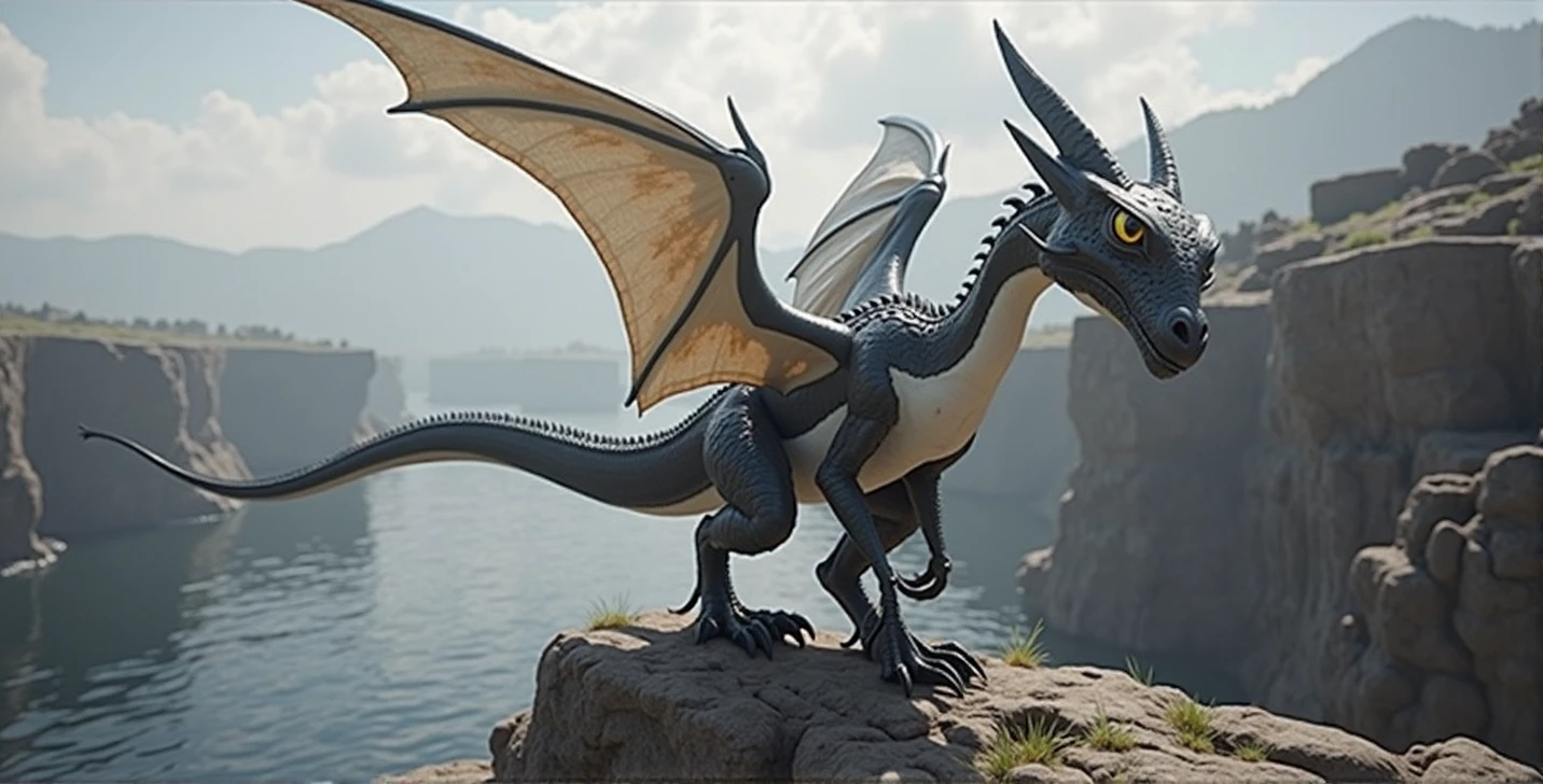 Black and white wyvern, Realistic style, with a slender, reptilian body. Membranous wings of a murciélago, directly attached to the body, without front legs. Two powerful hind legs, with sharp claws. long and muscular tail, with an arrow-shaped tip. bright golden eyes. Perched on a rock on a cliff, with the wind flapping its wings.
