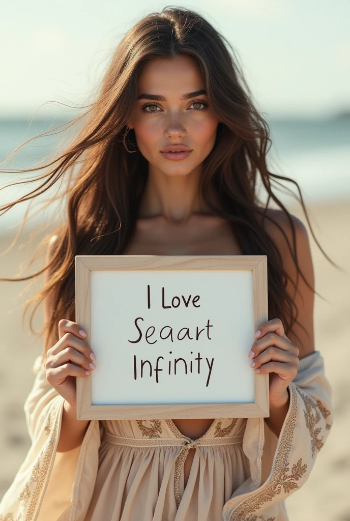 Beautiful girl with wavy long hair, bohemian dress, holding a white board with text "I Love Seaart Infinity" and showing it to the viewer