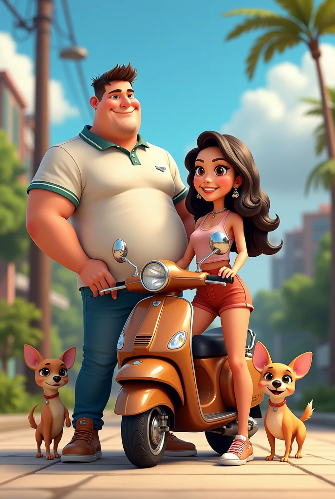Animated beautiful fashionable girl, next to a tall, fat boy in a polo shirt, a brown Navi motorcycle and a medium-sized, thin, brown Chihuahua dog