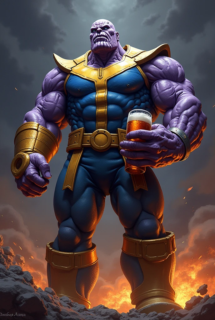 Thanos with massive beer bottle. Super muscular.