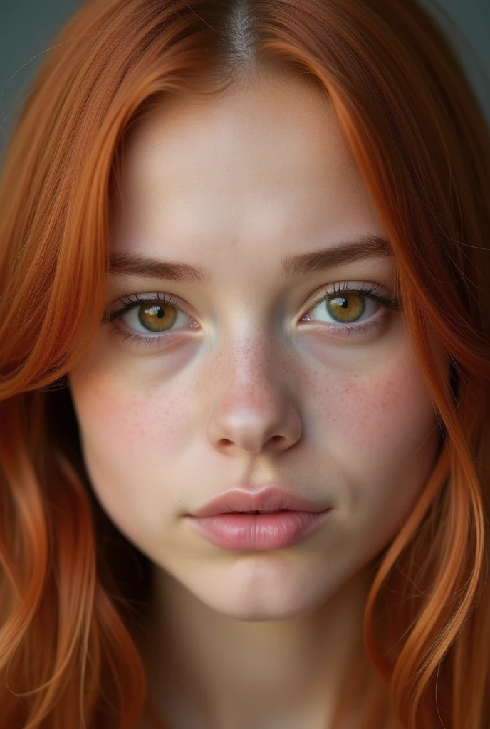 Face of a young woman, Brown eyes, copper colored hair, flat skin 