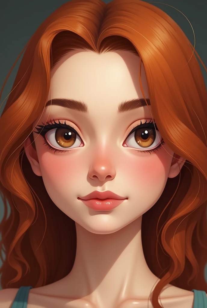 Face of a young woman, Brown eyes, copper colored hair, flat skin 