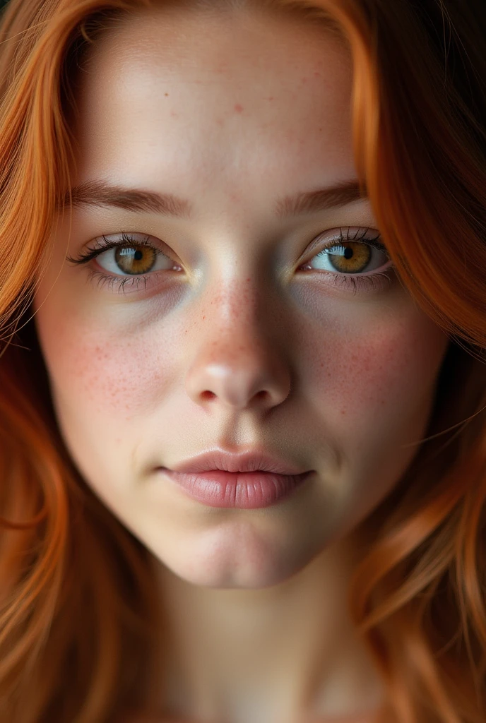 Face of a young woman, Brown eyes, copper colored hair, flat skin 