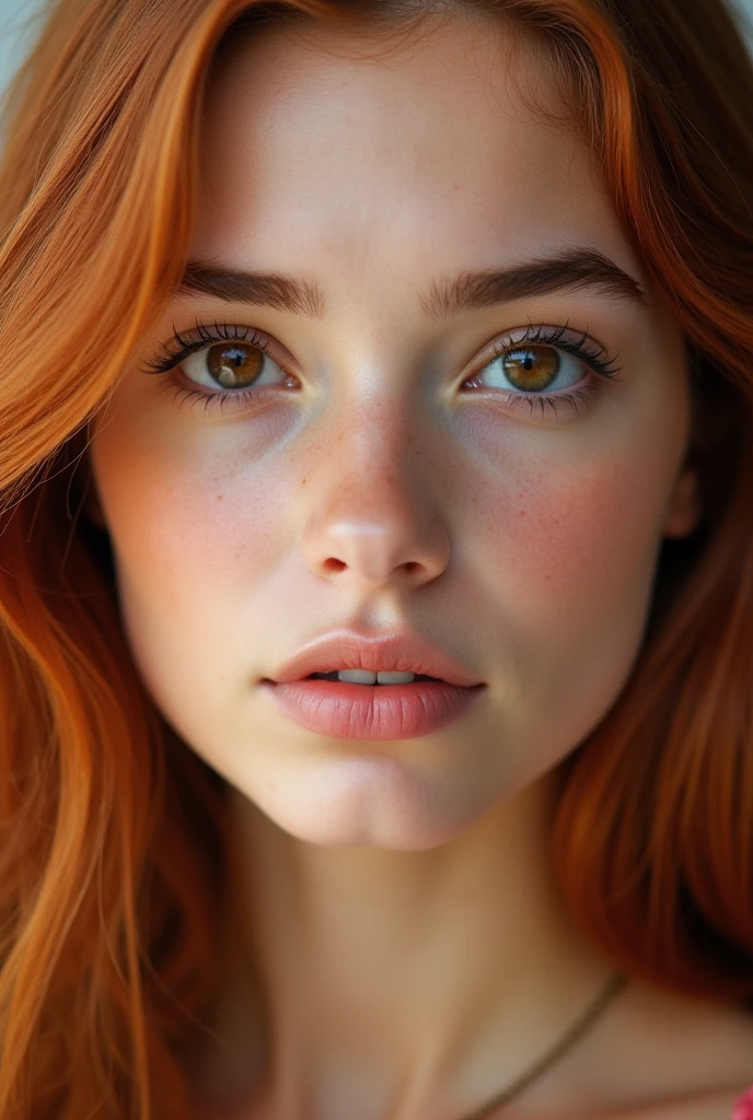 Face of a young woman, Brown eyes, copper colored hair, flat skin 