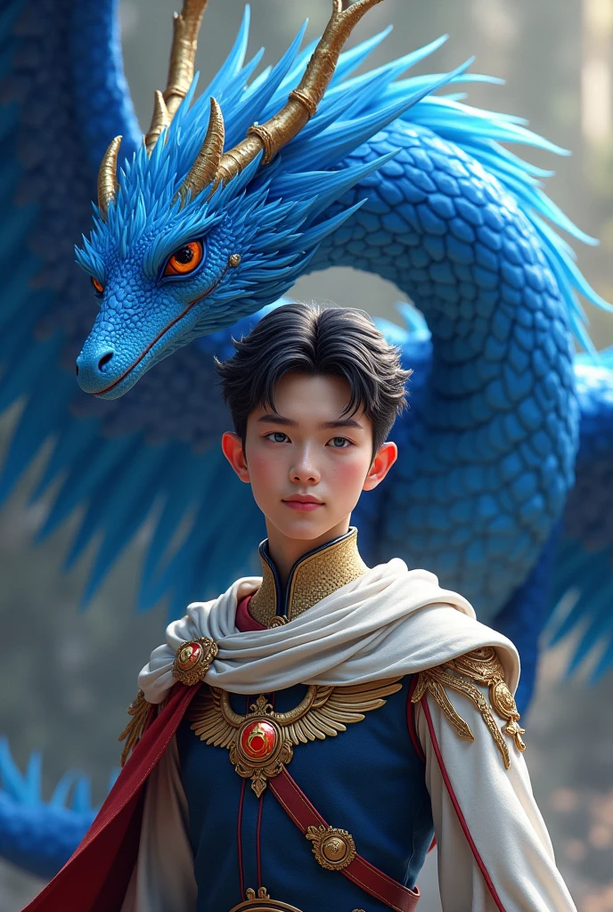 A white-skinned prince, short black hair with red tips. His eyes are rounded and their color is light blue., pink lips and with a blue Phoenix Dragon behind him. On the chest of his outfit will be the logo of a dragon head and a wing. The prince has American nationality