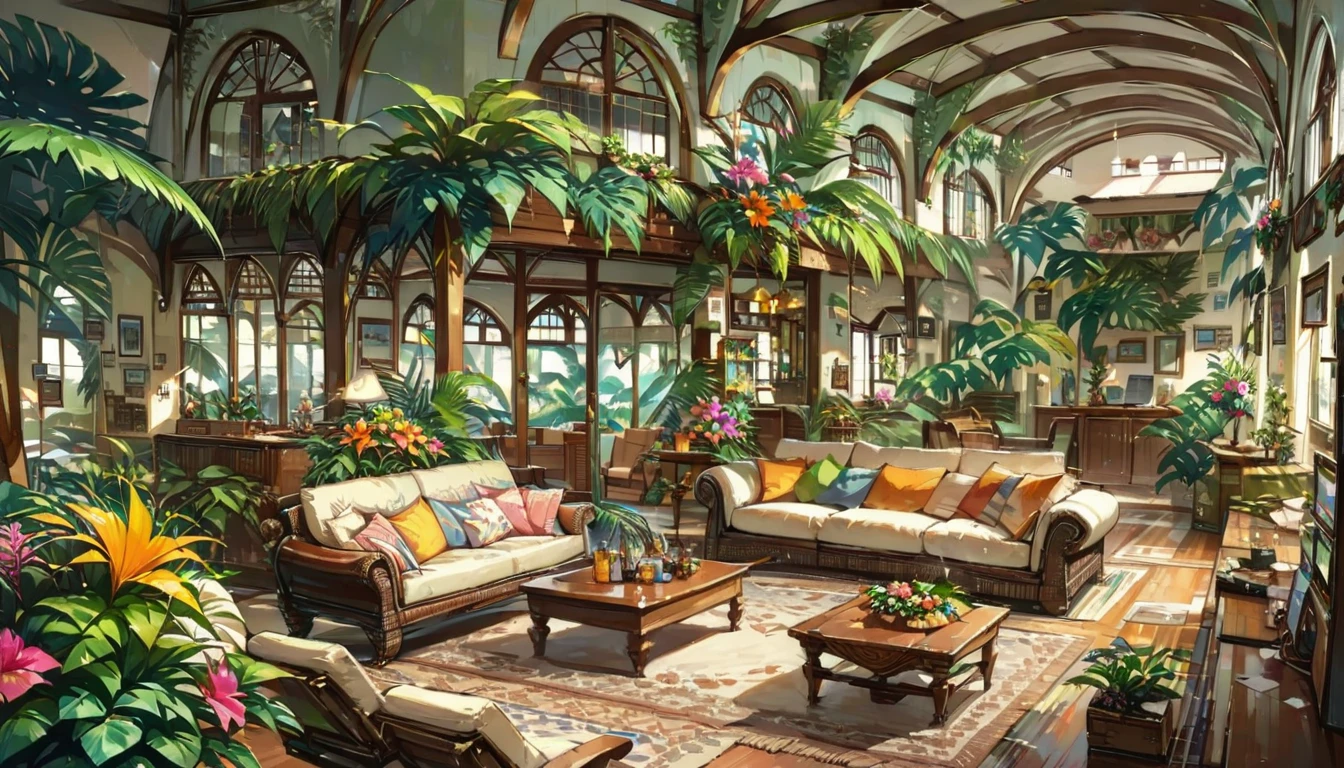 ((anime:1.4,illustration)),(masterpiece, top quality, best quality),(ultra-detailed, absolutely resolution),((16k, high res)), (((St Kitts and Nevis Living Room: Airy feeling with vaulted ceilings. Tropical foliage and floral arrangements)))