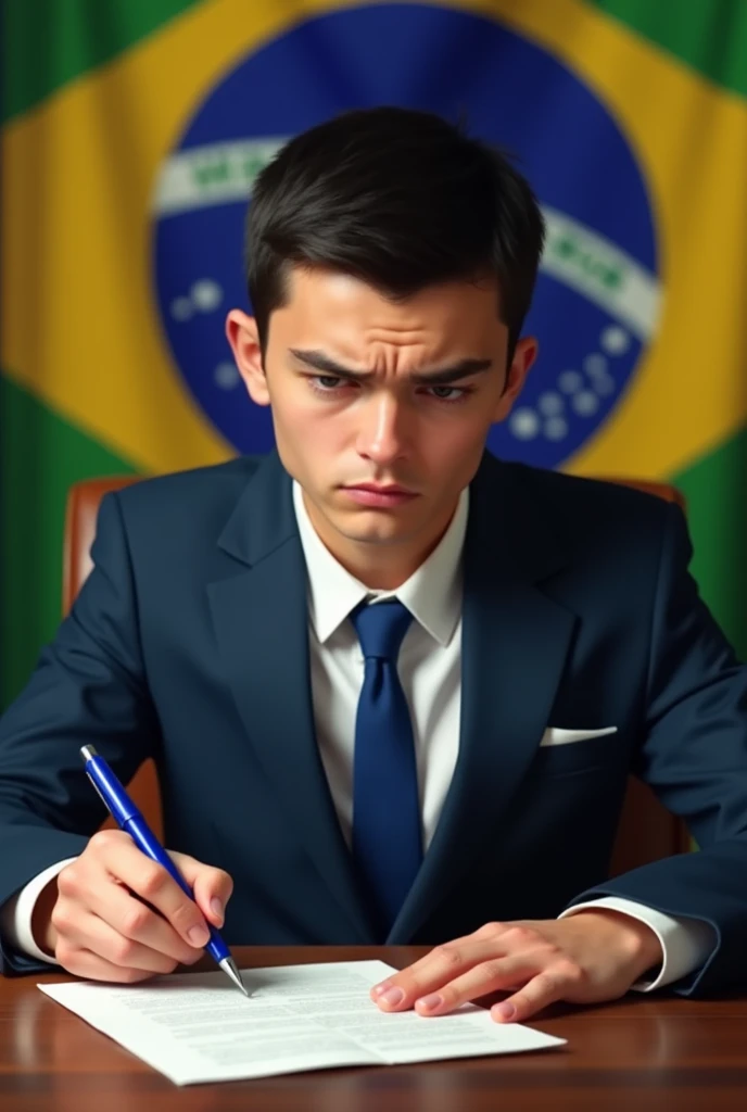 ((best quality)), ((masterpiece)), (detailed), perfect face, man, short black hair, white skin, 16 years old, as president of Brazil, Sitting in the presidential chair, signing laws with a blue pen, This law will recover all state-owned companies that were privatized, your face is serious and a little angry, the Brazilian flag is in the background