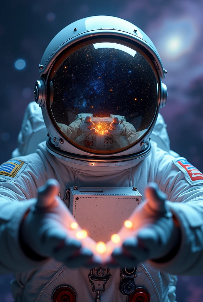(Cosmic surrealism:1.5) photo of an astronaut, with a reflective helmet showing a dreamlike galaxy, intricate suit details, reaching out with gloved hands, upper body framing, against a swirling starry background, ethereal lighting with glowing particles, shot straight on, on a Canon EOS R5 with a 24-70mm f/2.8 lens, (HDR effect:1.3), (light bloom:1.2), in the style of (Alex Grey:1.2) and (Yayoi Kusama:1.3)