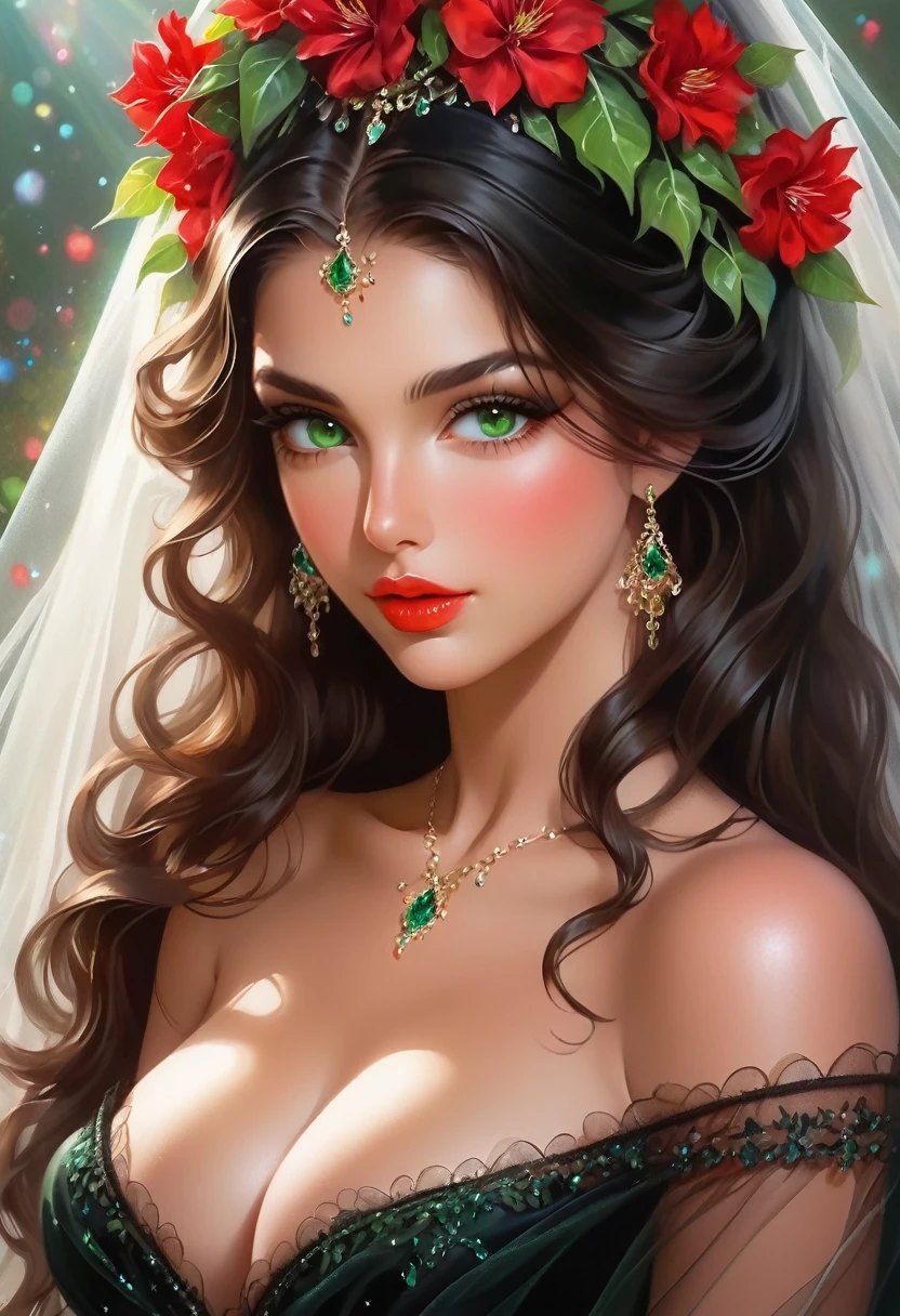 Beautiful girl, brunette, an oil painting, (((body from the knee up))), warm, slightly tanned skin, expressive face, crystal clear green eyes, detailed silliums and eyebrows, full red mouth, long curly black hair, dressed with the veil and black dress detailed and intricate in fine black tulle draped over the shoulders, a profusion of delicate, iridescent and colorful crystal balls glued to the tulle and dress. Background splash of detailed studio lights, red flowers, (((incidental white light in the hair))), image dazzles beauty, in the highest quality, mesmerize, 8k, UHD.