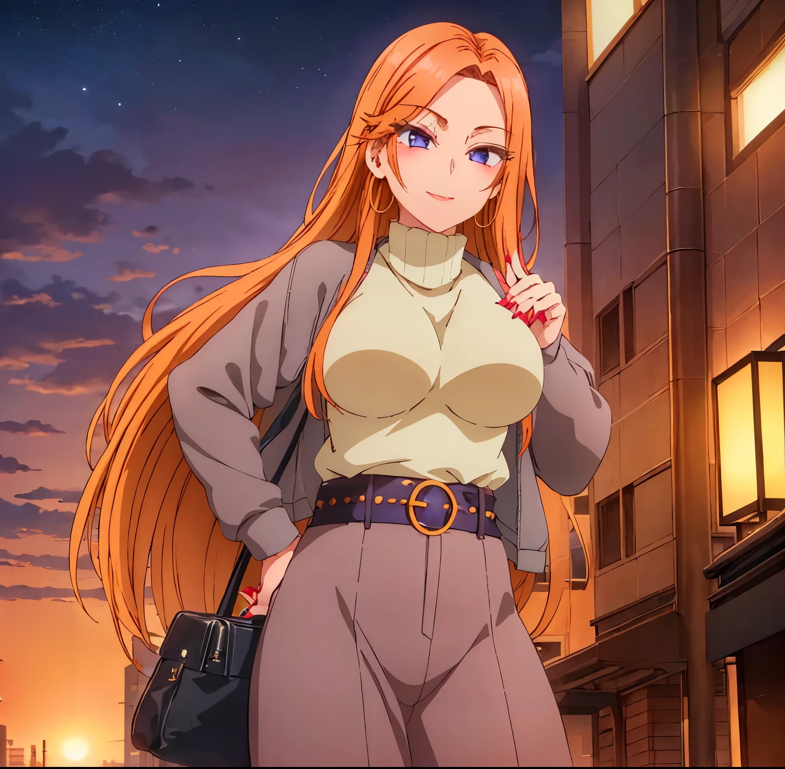 ((1girl)),((alone)),Mai fuyuki,(masterpiece), (best quality), (ultra detailed), (best illustration), (best shadow), (absurdities), sharp focus, cowboy shot ,atmospheric perspective, depth of field, dynamic posture looking at the viewer, large breasts, narrow waist, wide hips, wide thighs, round butt, erotic, romantic, (very detailed eyes, lips 1.1), very detailed eyes, eyes, very face detailed, very beautiful face, full height, beautiful slim figure, femininity, expressive appearance, elastic big breasts, sexuality, purple eyes, orange hair, long hair, breasts, motor vehicle, between the breasts, earrings, jewelry, sweater, neck tall, smile, big breasts, belt, nail polish, red nails, turtleneck sweater, jacket, hoop earrings, nails, lipstick, makeup, long nails, lips, white sweater, medium breasts, skirt, long sleeves, side locks , curves, defined body, Perfect and beautiful body, perfect and beautiful, closed mouth, smile, happy smile, blushing, (sexy pose: 1.2), ((soño)), standing: 1.3,(( Cityscape: 1.5, Japanese metropolis: 1.5, streets: 1.5, sunset: 1.5, clouds: 1.3, sunny: 1.4, clear sky: 1.4)),looking back,from behind,(( focus on ass)), point of view:(from below), perfect anatomy, perfect hands