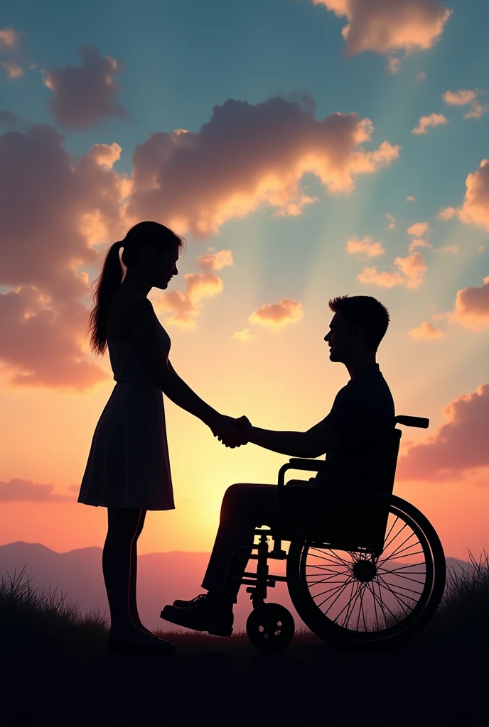 The black shadow of a young woman and a young man in a wheelchair holding hands and a beautiful sky in the background