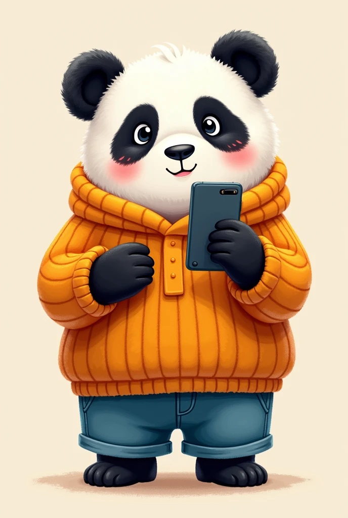 create for me a cute panda bear with an orange sweater and blue shorts with a cell phone in his hand