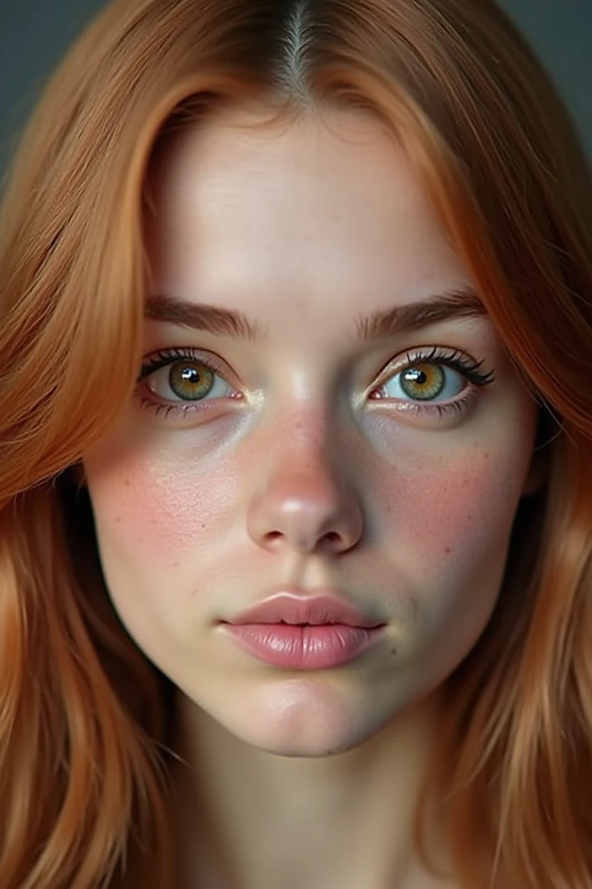 Face of a young woman, Brown eyes, copper colored hair, flat skin