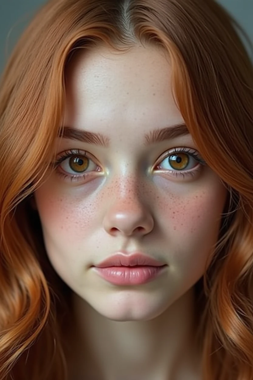 Face of a young woman, Brown eyes, copper colored hair, flat skin 