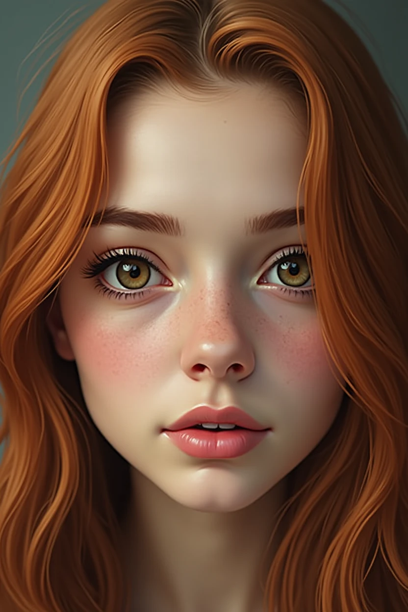 Face of a young woman, Brown eyes, copper colored hair, flat skin