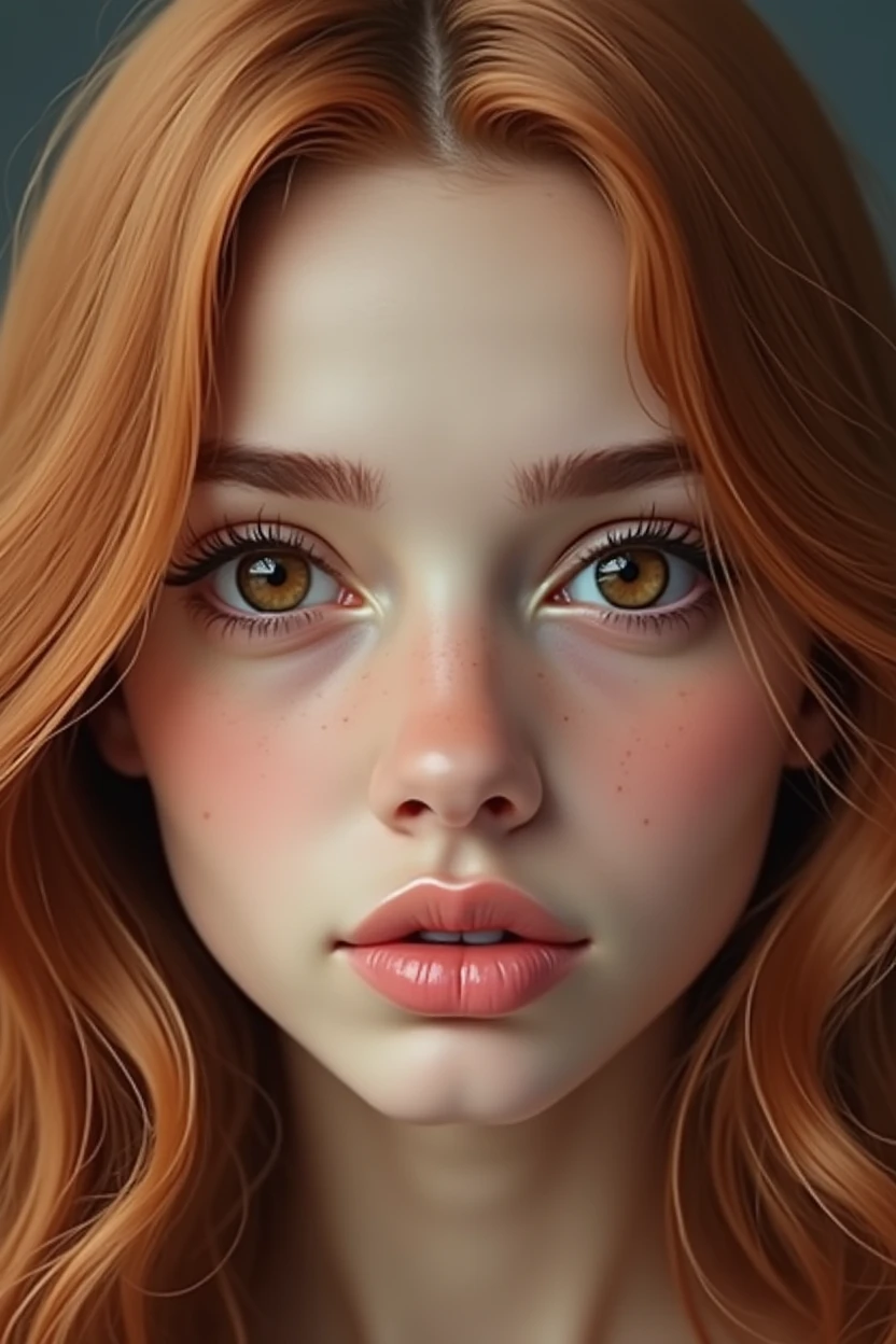 Face of a young woman, Brown eyes, copper colored hair, flat skin 