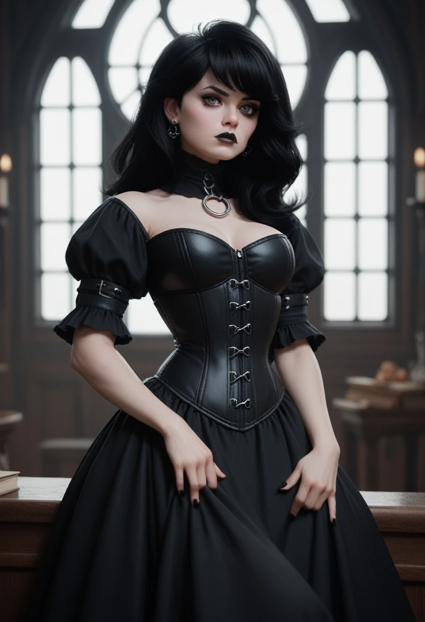 Chica gothic, white eyes, Long straight black hair, black dress, sexy, leather corset, with black lipstick, SERIOUS LOOK, sexy, wicca, gothic.