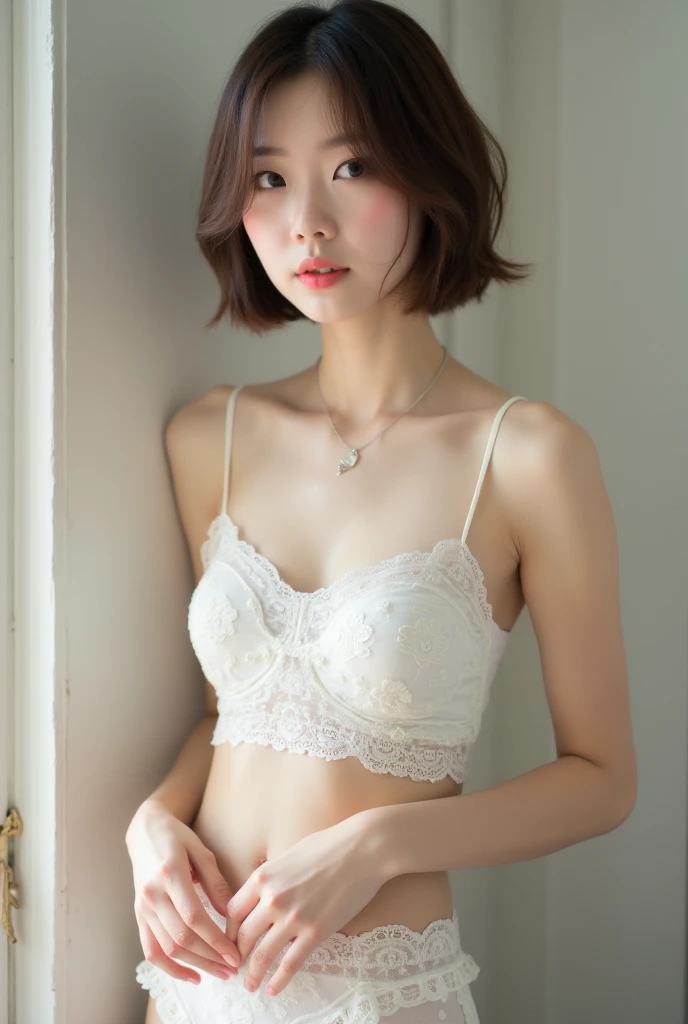 Japanese women、50 years old、Brown Hair、Shortcuts、White camisole、White lace panties