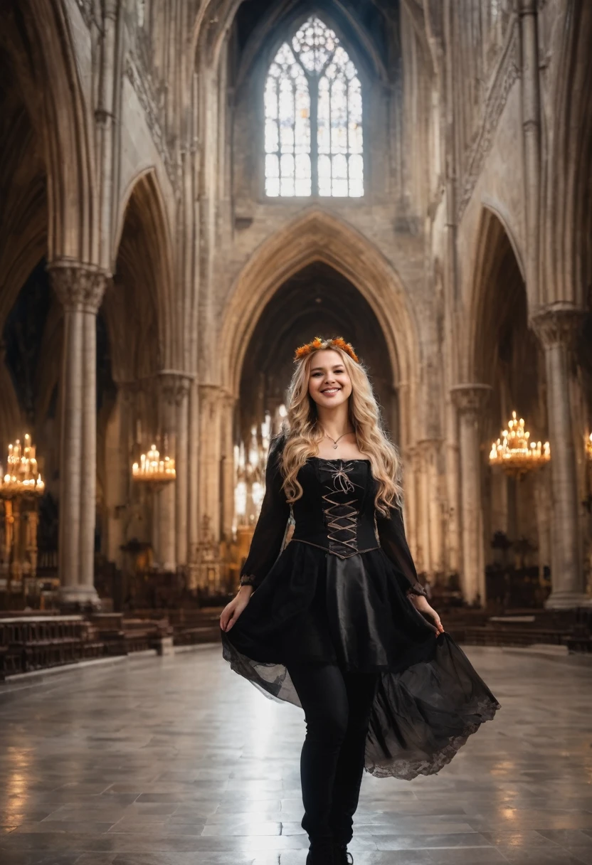 A high quality realistic image of a slim and very beautiful girl., (10 years:1.5), (wearing a cute witch costume with loincloth:1.3), in a cathedral. very long blonde wavy hair., detailed attractive face, cute happy smile