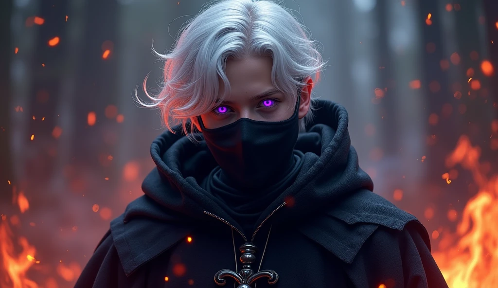 A male wizard with short white hair with purple highlights with his face covered by a blindfold. His clothes have drawing details with eyes.