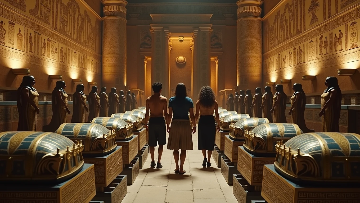 A cinematic still from a historical film, depicting the luxurious interior of a pyramid in ancient Egypt. The scene features an elaborate room with ADULT sarcophagi adorned with gold inlay and intricate carvings. In the center, tomb raiders stand among the artifacts, their eyes full of wonder and discovery. The walls of the pyramid are adorned with impressive hieroglyphic murals, casting a warm and mysterious atmosphere over the entire scene., cinematic, architecture, photo