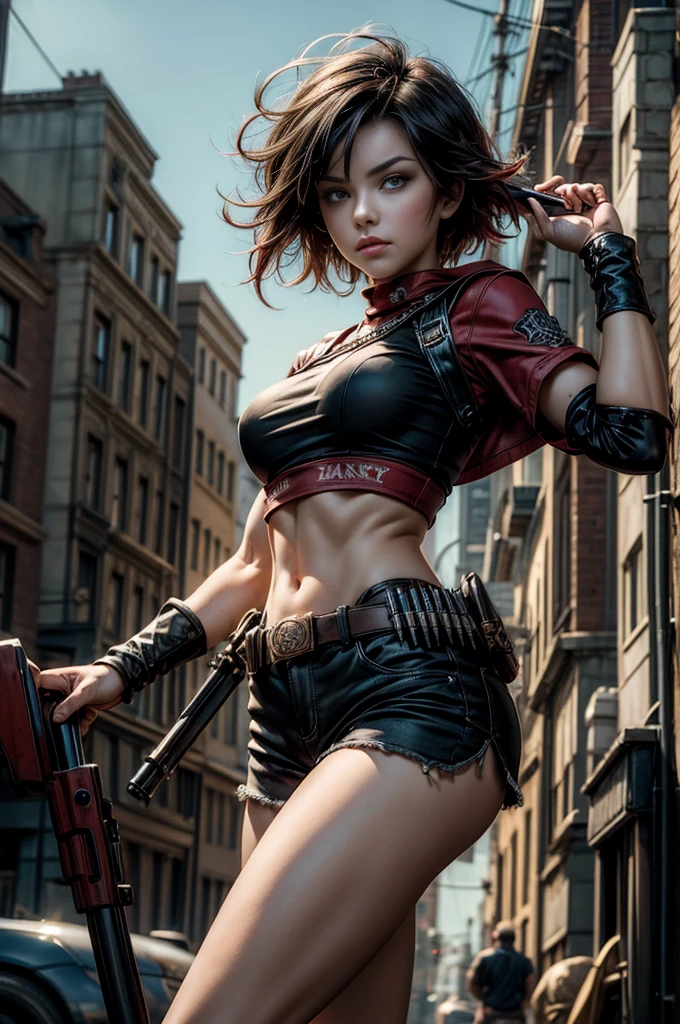 (masterpiece, best quality:1.2), cowboy shot, solo, dynamic pose, 1girl, ruby rose, looking at viewer, t-shirt, black shorts, in steampunk city street