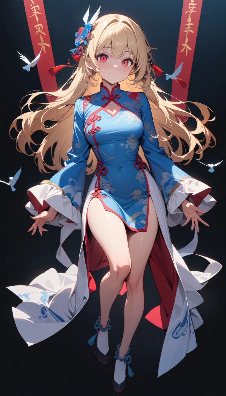 ((best quality)) , ((masterpiece)) , (detailed),A cute girl with long blonde hair and red eyes, wearing pink traditional Chinese  with blue patterns on the chest. A little bird is flying in front of her. She has an anime style and is smiling. The background color is white.，((full body))