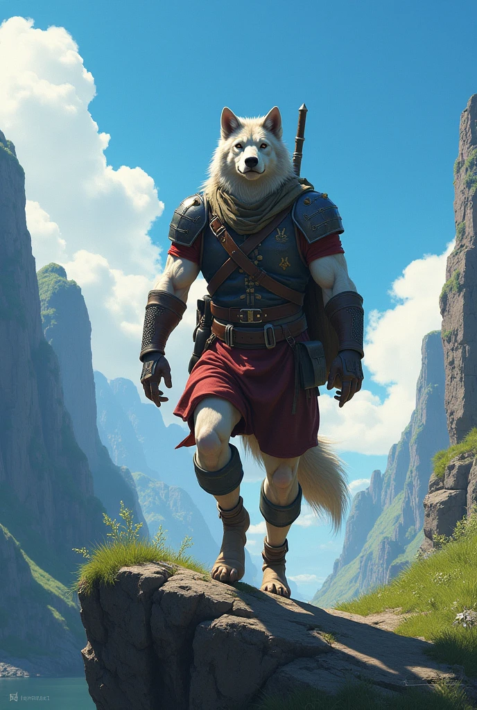 wolf soldier on an adventure over towering cliffs, heroic, bright blue sky and green cliffs, digital art