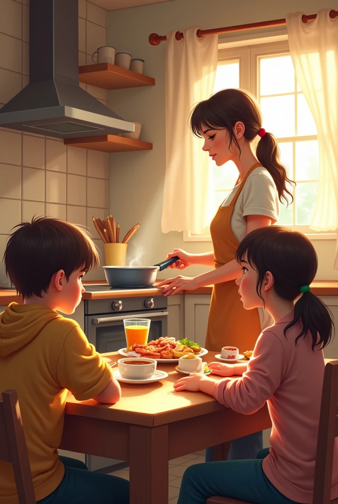 A mother preparing breakfast for her two teenage children