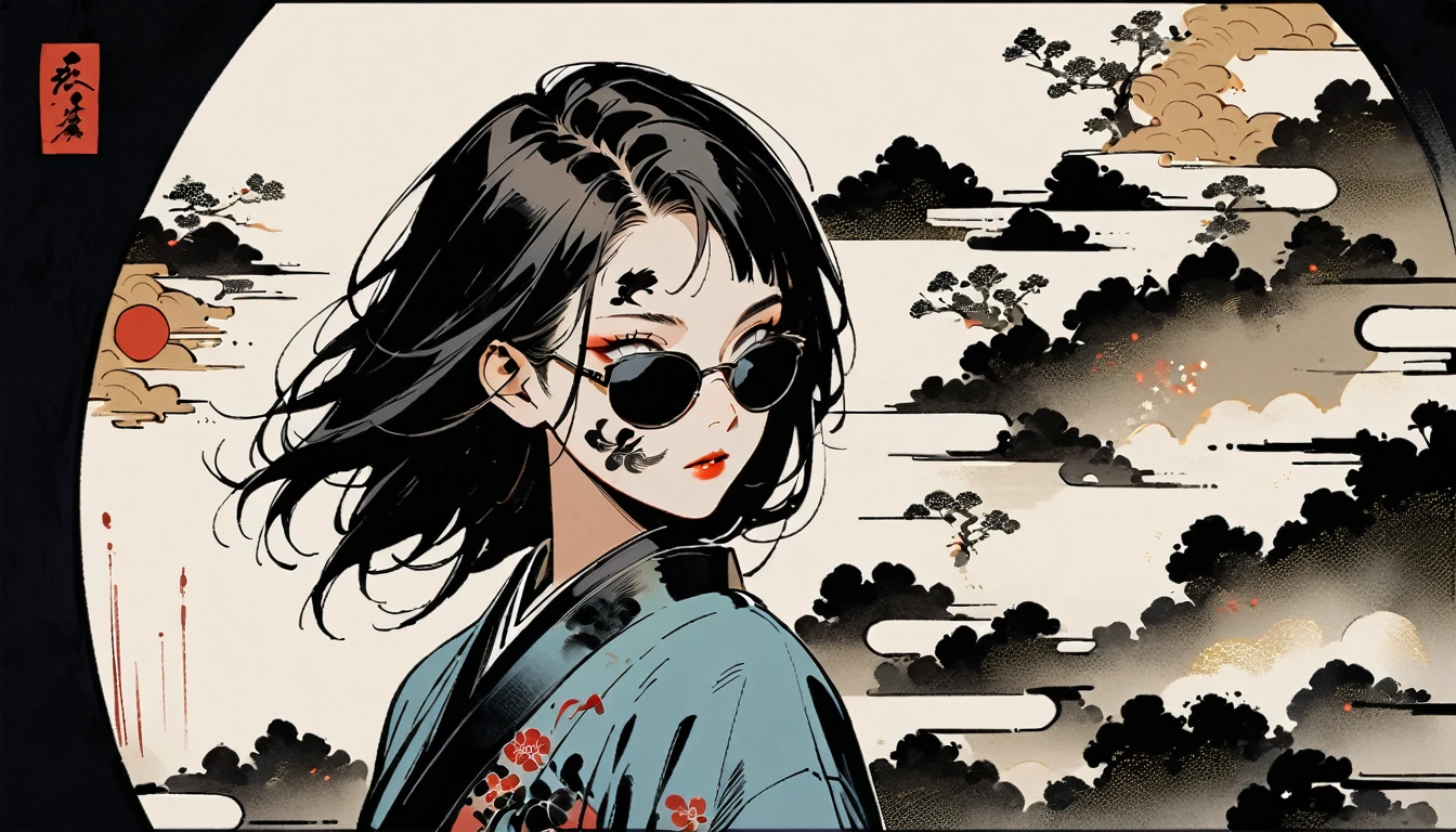 Ink Painting, (((1 girl))), (((Tattoos on the face))), (((sunglasses))), Japanese style headphones, beautiful girl, Black Hair, Delicate and precise, Modern ukiyo-e style, darkness