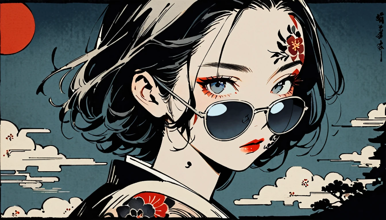 Ink Painting, (((1 girl))), (((Tattoos on the face))), (((sunglasses))), Japanese style headphones, beautiful girl, Black Hair, Delicate and precise, Modern ukiyo-e style, darkness
