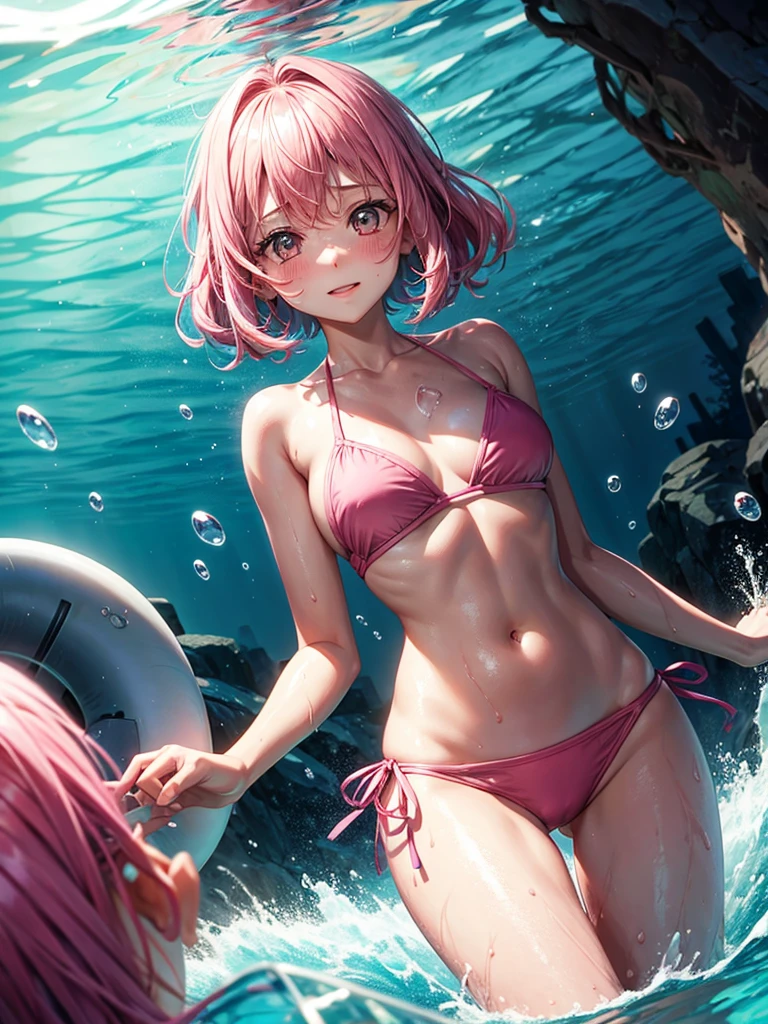 A girl in pink bikini,pink hair,wet,drowning, underwater,out of air,blushing