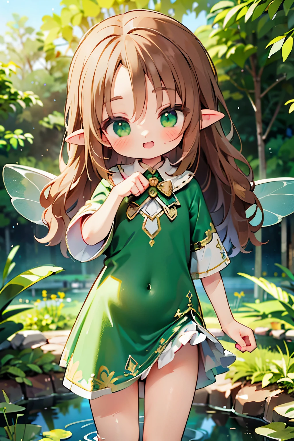 ((Highest quality)), ((masterpiece)), (detailed), 1. ，Young ，10 years old，Very short stature，Very small ass，Very thin thighs，Fairy，Brown Hair, Wavy Hair，Shiny Hair，Forehead protector，Pointed Ears，knight，Green clothes，Silver Chainmail，At the forest pond，